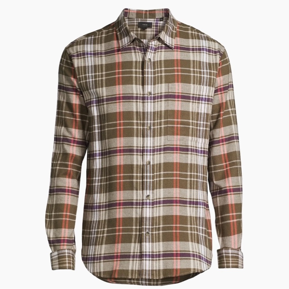 Vince Plaid Button Down Shirt Men’s Medium 100% Cotton Olive Blue